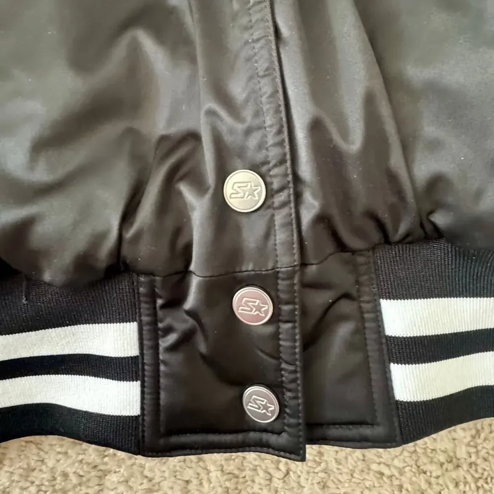 Starter Varsity Jacket Bomber Snap Front Satin Logo Retro Small Black NEW
